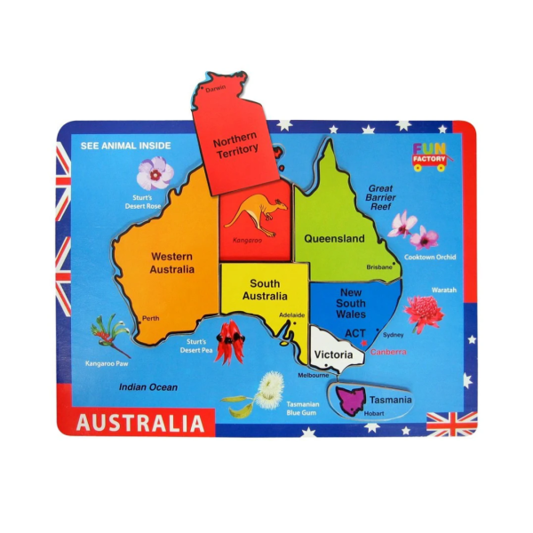 Wooden Australian Map Raised Puzzle Game - New