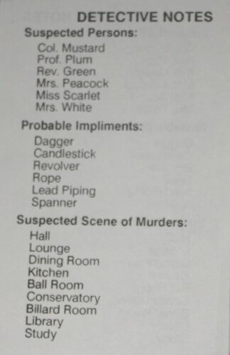 PARTS ONLY Cluedo (or Mystery At Tudor Close) Board Game 1965 Version - 20 Double Sided Detective Note Pad Sheets Only