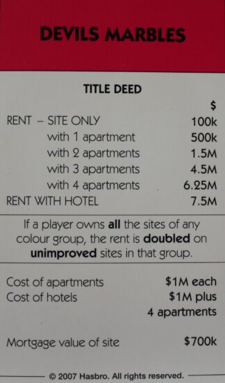 PARTS ONLY - Monopoly The Australian Here and Now Edition Board Game - (1) "Devil's Marbles" Title Deed Card Only