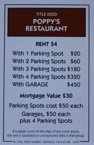 PARTS ONLY -Monopoly Seinfeld Board Game - Poppy's Restaurant Title Deed Card Only