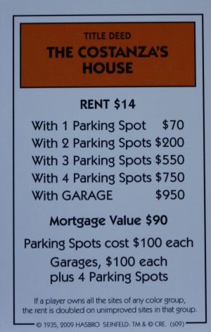 PARTS ONLY - Monopoly Seinfeld Board Game - The Costanza's House Title Deed Card Only