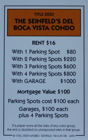 PARTS ONLY - Monopoly Seinfeld Board Game - The Seinfeld's Del Boca Vista Condo Title Deed Card Only