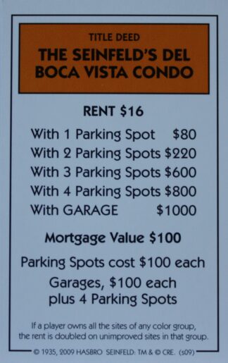 PARTS ONLY - Monopoly Seinfeld Board Game - The Seinfeld's Del Boca Vista Condo Title Deed Card Only