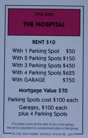 PARTS ONLY - Monopoly Seinfeld Board Game - The Hospital Title Deed Card Only