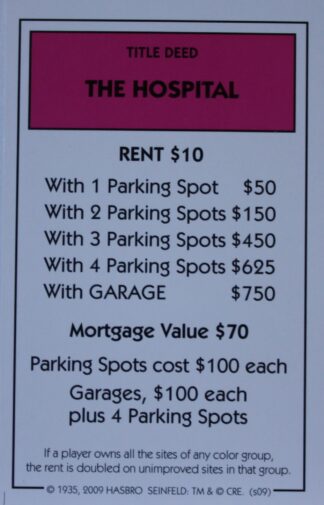 PARTS ONLY - Monopoly Seinfeld Board Game - The Hospital Title Deed Card Only