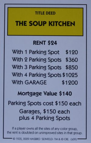 PARTS ONLY - Monopoly Seinfeld Board Game - The Soup Kitchen Title Deed Card Only