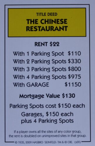 PARTS ONLY - Monopoly Seinfeld Board Game - The Chinese Restaurant Title Deed Card Only