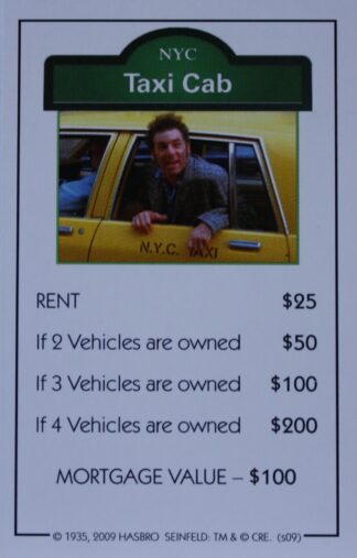 PARTS ONLY - Monopoly Seinfeld Board Game - Taxi Cab Title Deed Card Only