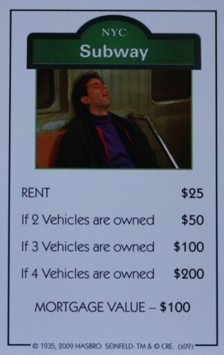 PARTS ONLY - Monopoly Seinfeld Board Game - Subway Title Deed Card Only