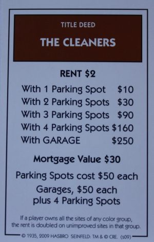 PARTS ONLY - Monopoly Seinfeld Board Game - The Cleaners Title Deed Card Only