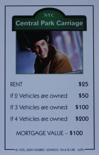 PARTS ONLY - Monopoly Seinfeld Board Game - Central Park Carriage Title Deed Card Only