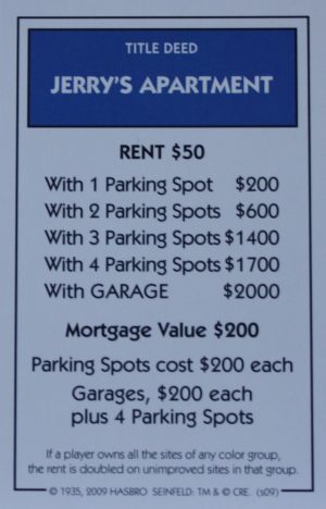 PARTS ONLY - Monopoly Seinfeld Board Game - Jerry's Apartment Title Deed Card Only