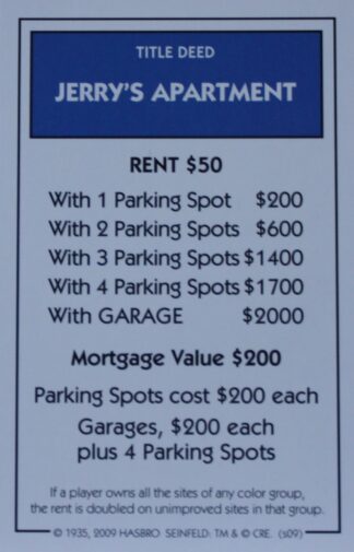 PARTS ONLY - Monopoly Seinfeld Board Game - Jerry's Apartment Title Deed Card Only
