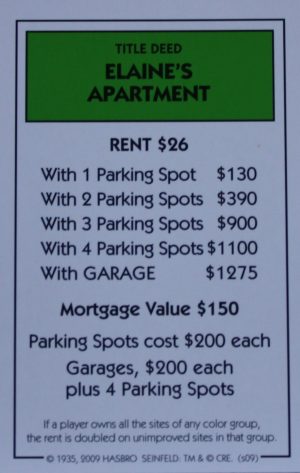 PARTS ONLY - Monopoly Seinfeld Board Game - Elaine's Apartment Title Deed Card Only