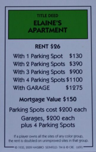 PARTS ONLY - Monopoly Seinfeld Board Game - Elaine's Apartment Title Deed Card Only
