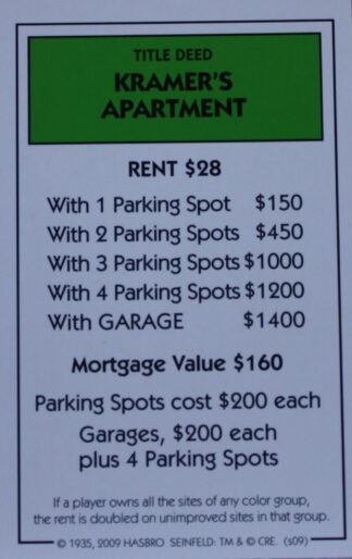 PARTS ONLY - Monopoly Seinfeld Board Game - Kramer's Apartment Title Deed Card Only