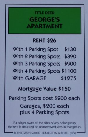 PARTS ONLY - Monopoly Seinfeld Board Game - George's Apartment Title Deed Card Only