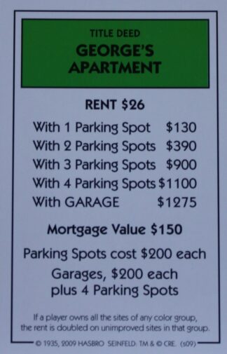 PARTS ONLY - Monopoly Seinfeld Board Game - George's Apartment Title Deed Card Only