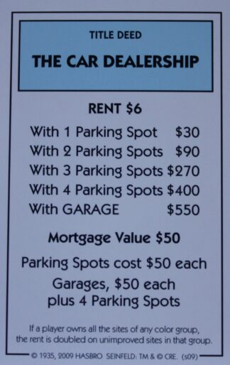 PARTS ONLY - Monopoly Seinfeld Board Game - The Car Dealership Title Deed Card Only