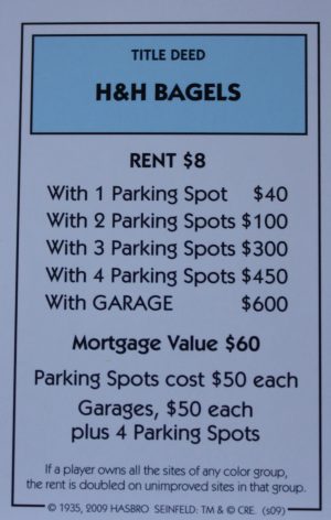 PARTS ONLY - Monopoly Seinfeld Board Game - H & H Bagels Title Deed Card Only