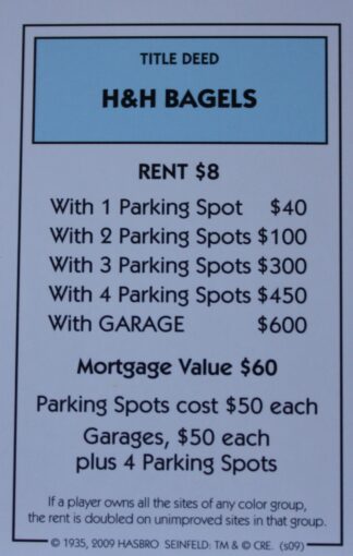 PARTS ONLY - Monopoly Seinfeld Board Game - H & H Bagels Title Deed Card Only