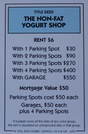 PARTS ONLY - Monopoly Seinfeld Board Game - The Non-Fat Yogurt Shop Title Deed Card Only