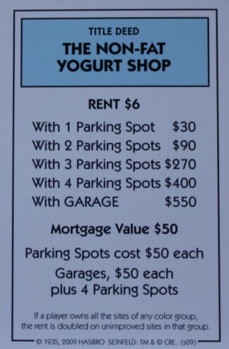 PARTS ONLY - Monopoly Seinfeld Board Game - The Non-Fat Yogurt Shop Title Deed Card Only