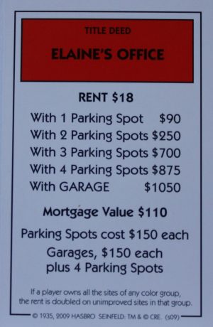 PARTS ONLY - Monopoly Seinfeld Board Game - Elaine's Office Title Deed Card Only