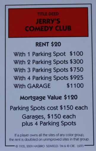 PARTS ONLY - Monopoly Seinfeld Board Game - Jerry's Comedy Club Title Deed Card Only