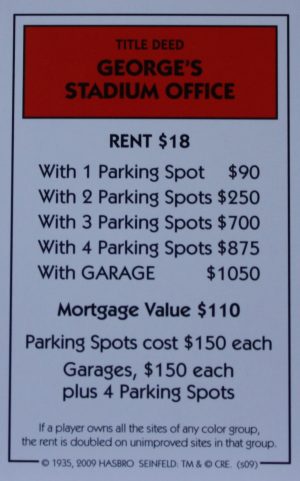 PARTS ONLY - Monopoly Seinfeld Board Game - George's Stadium Office Title Deed Card Only