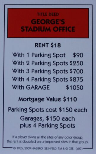 PARTS ONLY - Monopoly Seinfeld Board Game - George's Stadium Office Title Deed Card Only