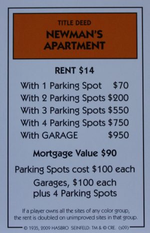 PARTS ONLY - Monopoly Seinfeld Board Game - Newman's Apartment Title Deed Card Only