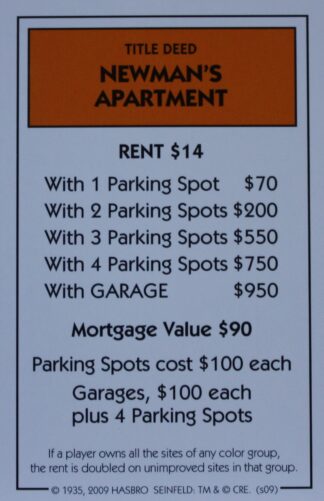 PARTS ONLY - Monopoly Seinfeld Board Game - Newman's Apartment Title Deed Card Only
