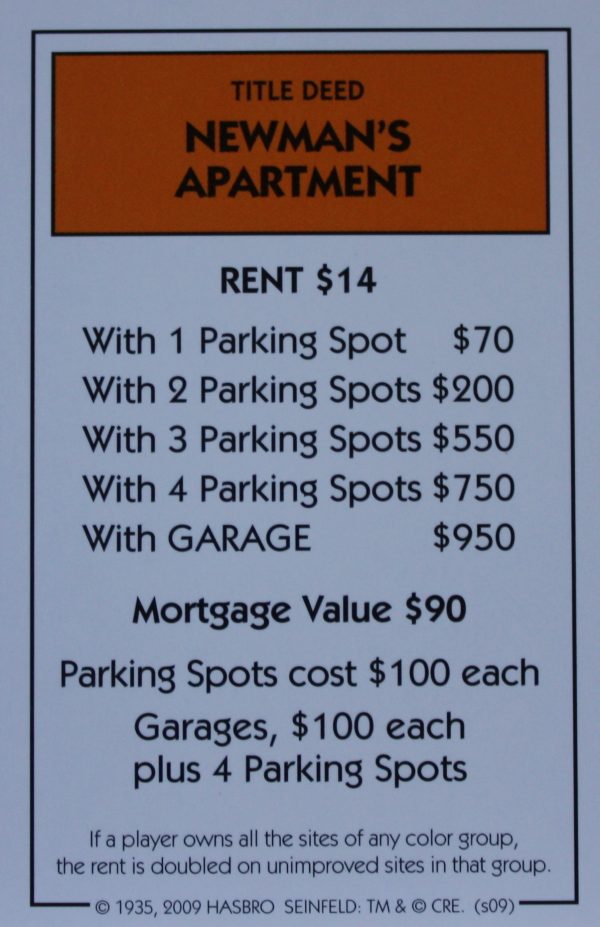 PARTS ONLY - Monopoly Seinfeld Board Game - Newman's Apartment Title Deed Card Only
