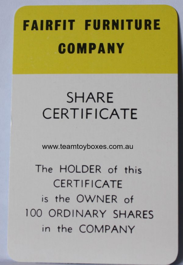 PARTS ONLY - Flutter Stock Exchange Board Game - (1) Fairfit Furniture Company Share Certificate Only