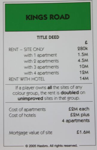 PARTS ONLY -Monopoly Here and Now UK Limited Edition Board Game - Kings Road Title Deed Card