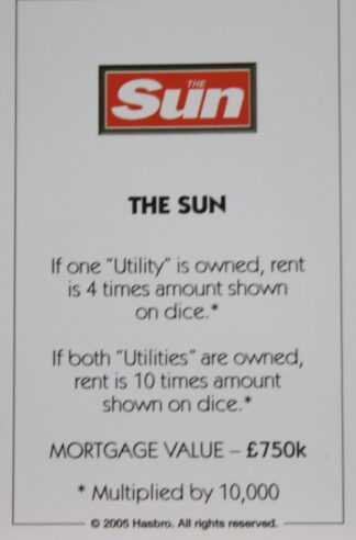 PARTS ONLY -Monopoly Here and Now UK Limited Edition Board Game - The Sun Title Deed Card