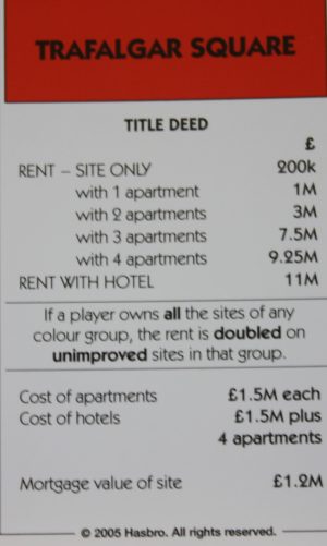PARTS ONLY -Monopoly Here and Now UK Limited Edition Board Game - Trafalgar Square Title Deed Card