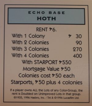 PARTS ONLY -Monopoly Star Wars Trilogy Board Game - Hoth "Echo Base" Title Deed Card