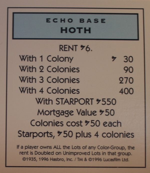 PARTS ONLY -Monopoly Star Wars Trilogy Board Game - Hoth "Echo Base" Title Deed Card