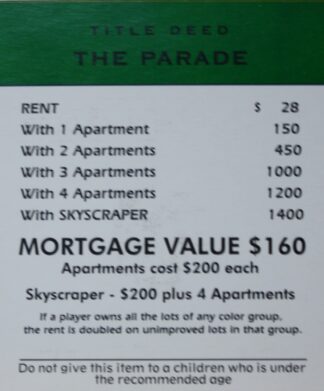 PARTS ONLY -Monopoly Board Game Spiderman Edition - "The Parade" Title Deed Card