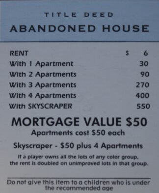 PARTS ONLY -Monopoly Board Game Spiderman Edition - "Abandoned House" Title Deed Card