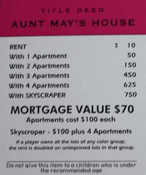 PARTS ONLY -Monopoly Board Game Spiderman Edition - "Aunt May's House" Title Deed Card