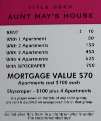 PARTS ONLY -Monopoly Board Game Spiderman Edition - "Aunt May's House" Title Deed Card