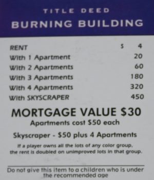 PARTS ONLY -Monopoly Board Game Spiderman Edition - "Burning Building" Title Deed Card