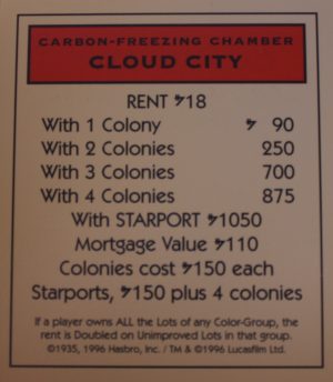 PARTS ONLY -Monopoly Star Wars Trilogy Board Game - Cloud City "Carbon Freezing Chamber" Title Deed Card