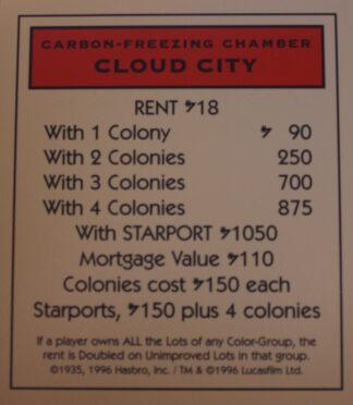 PARTS ONLY -Monopoly Star Wars Trilogy Board Game - Cloud City "Carbon Freezing Chamber" Title Deed Card
