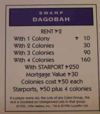 PARTS ONLY -Monopoly Star Wars Trilogy Board Game - Dagobah "Swamp" Title Deed Card