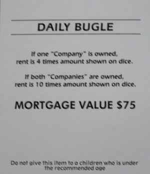 PARTS ONLY -Monopoly Board Game Spiderman Edition - "Daily Bugle" Title Deed Card