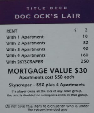 PARTS ONLY -Monopoly Board Game Spiderman Edition - "Doc Ock's Lair" Title Deed Card